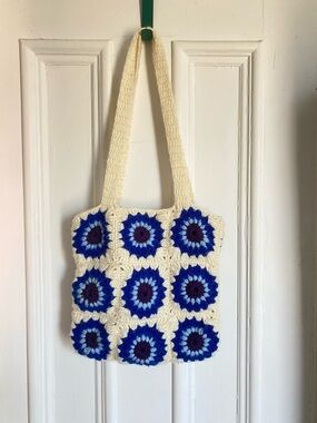 Vintage Handmade Crochet Granny Square Tote Bag with Blue Pattern
